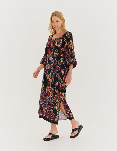 Vestido New Longo Estampado Bangalore Lurex - Preto