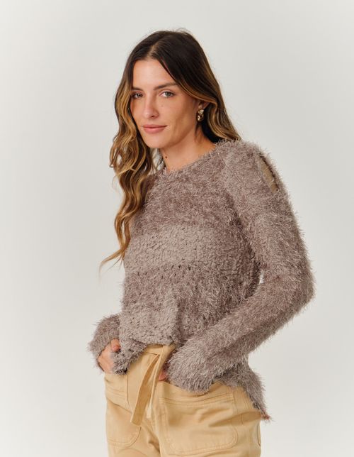 Blusa Manga Tricot Mix Listras - Chocolate