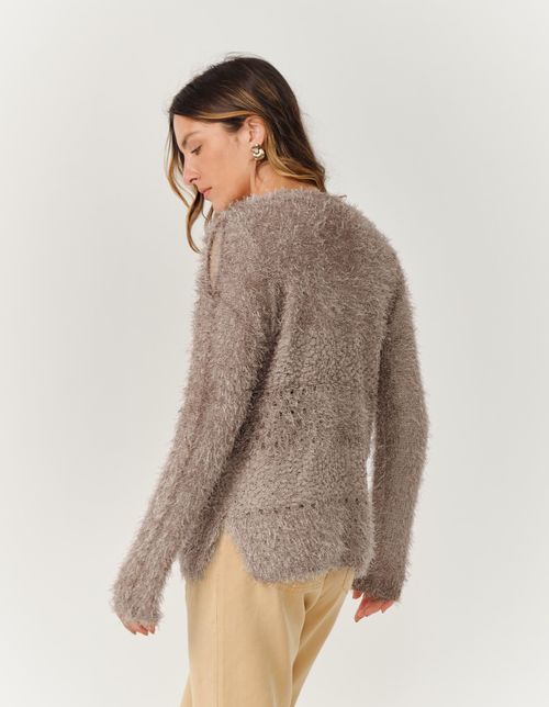 Blusa Manga Tricot Mix Listras - Chocolate