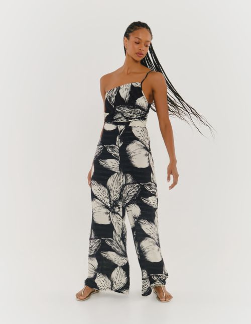 Macacão Estampado Flores Com Lurex - Preto