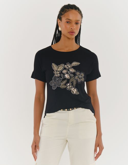 Blusa Bordada Flores Lurex - Preto