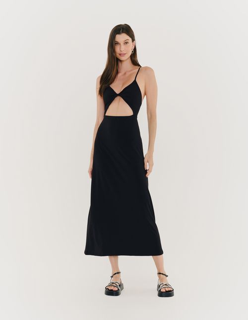 Vestido Midi Malha Decotado Multi Amarrações - Preto