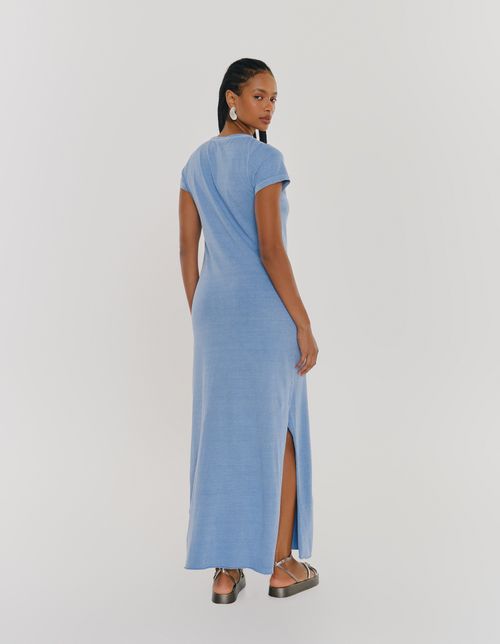Vestido Longo Estonado - Azul Acinzentado