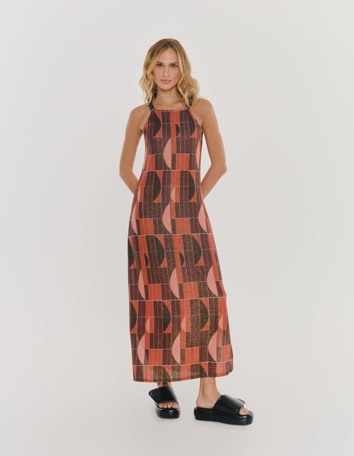 Vestido New Longo Estampado Geometrico - Vinho