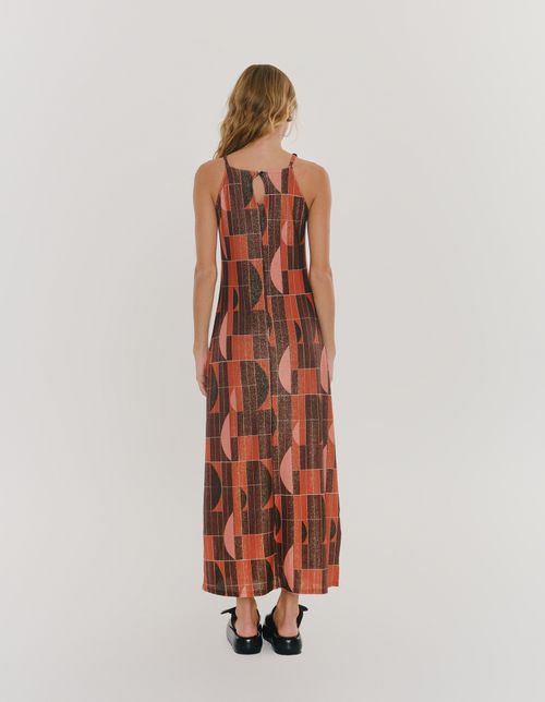 Vestido New Longo Estampado Geometrico - Vinho