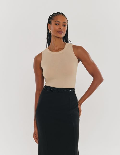 Blusa Tricot Decote Redondo - Caqui