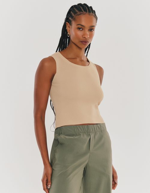 Blusa Tricot Decote Redondo Canelado - Caqui