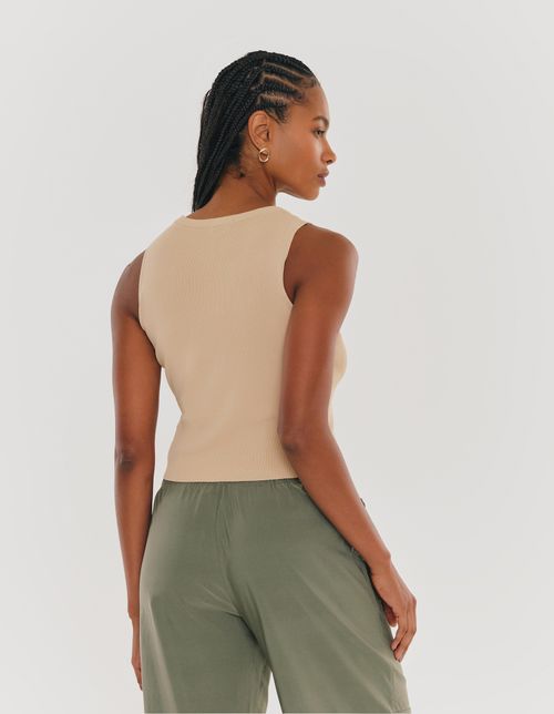 Blusa Tricot Decote Redondo Canelado - Caqui