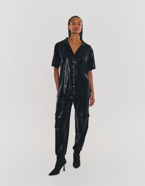 Calca Jogger Brilhosa em Malha - Preto
