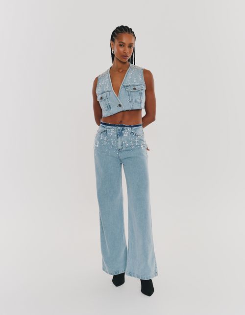 Calça Pantalona Cos Desfiado c Pedraria - Jeans