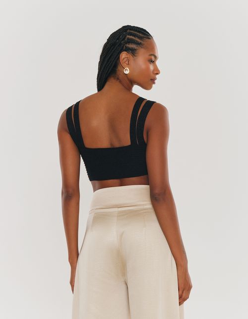 Blusa Tricot Cropped Duplo Decote v - Preto