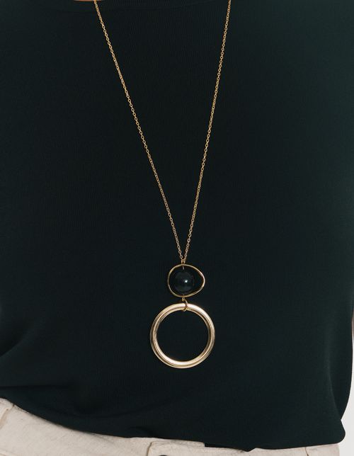 Colar Longo Argola Vazada e Resina - Dourado