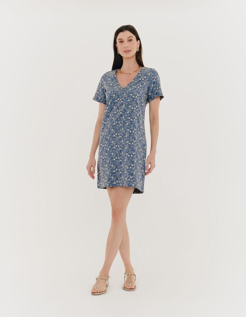 Vestido Curto Decote v Manga - Denim