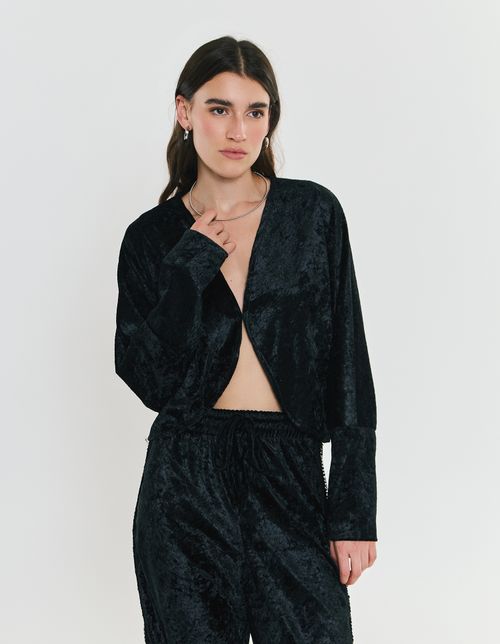 Blusa Veludo Manga Longa Com Abertura - Preto