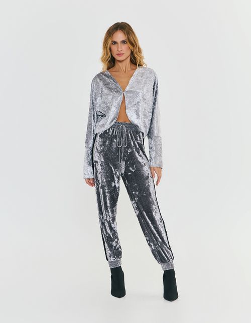 Blusa Veludo Manga Longa Com Abertura - Granizo
