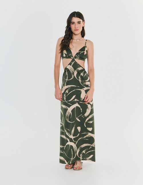 Vestido Longo Estampa Brush - Verde Musgo