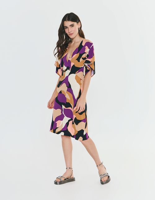 Vestido Curto Estampado Folhagem Color - Preto
