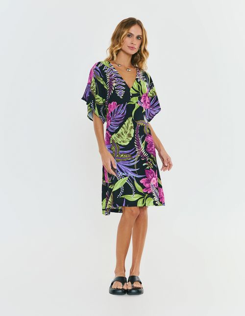 Vestido Curto Estampado Floral Pink - Preto