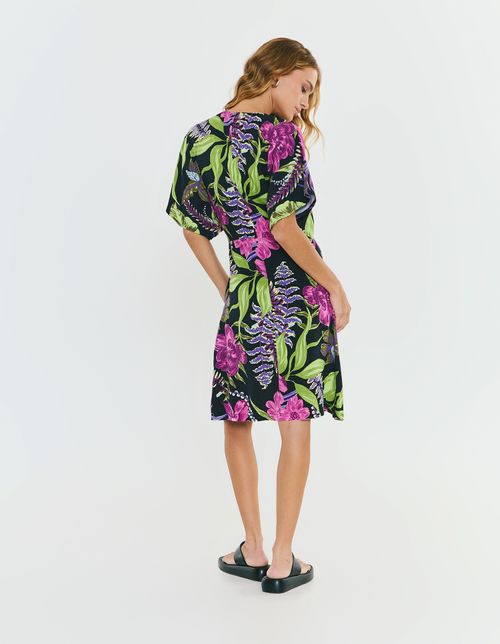 Vestido Curto Estampado Floral Pink - Preto