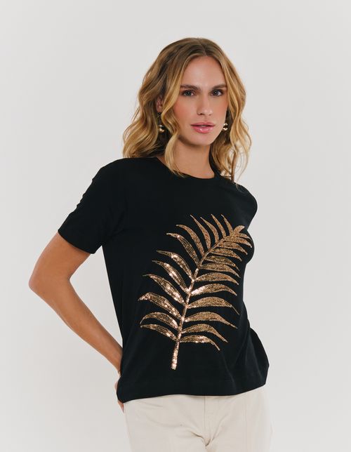 Blusa Bordada Com Paete Folha - Preto