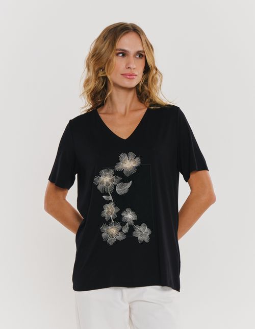 Blusa Bordado Flores Off - Preto