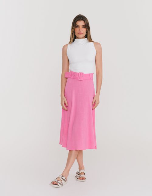 Saia Midi Evase Viscolinho - Rosa