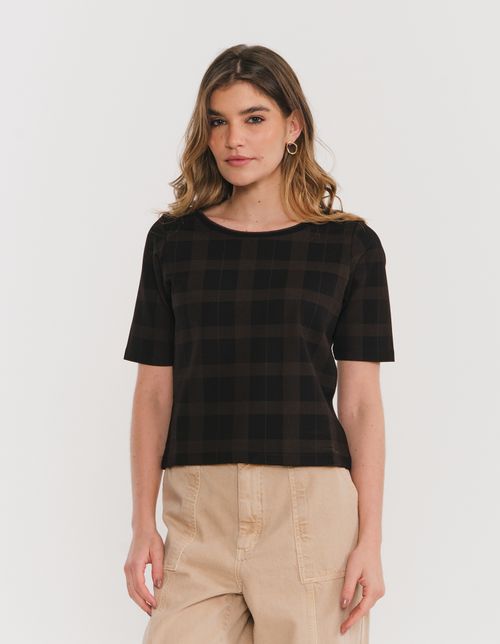 Blusa Manga Curta Estampada Xadrez - Preto