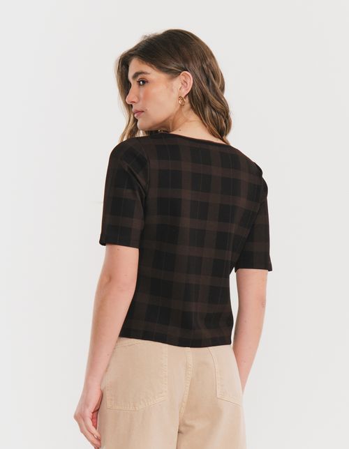 Blusa Manga Curta Estampada Xadrez - Preto