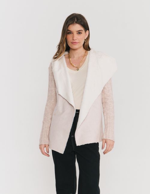Cardigan Tricot Alongado Com Pelos - Areia