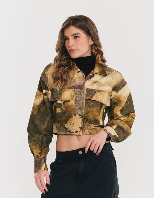 Jaqueta Cropped Sarja Estampa Rocha - Jeans