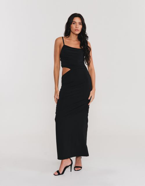 Vestido Justo Malha Franzido Alca Fina - Preto