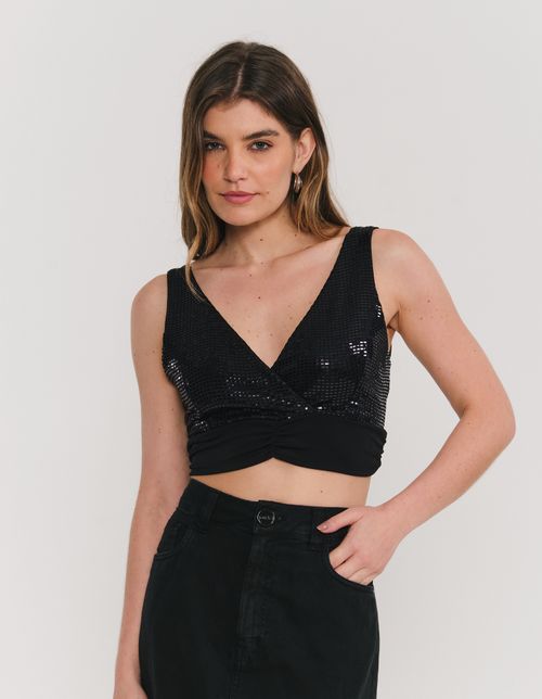 Blusa Cropped Brilhosa Amarracao Costas - Preto
