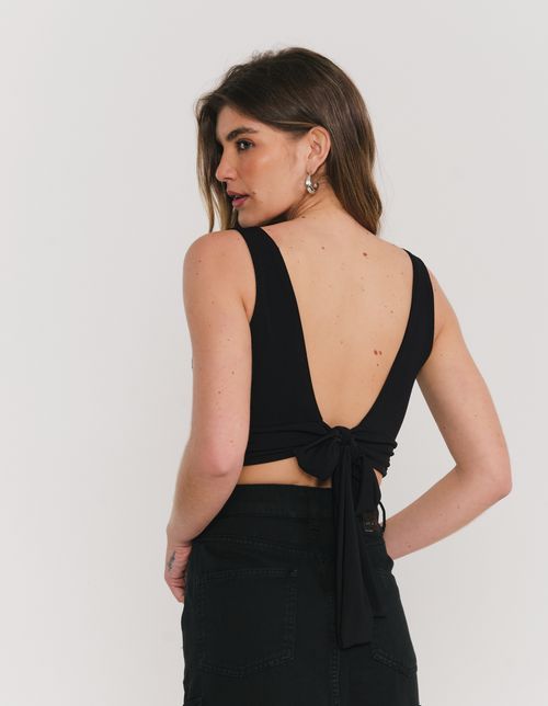 Blusa Cropped Brilhosa Amarracao Costas - Preto