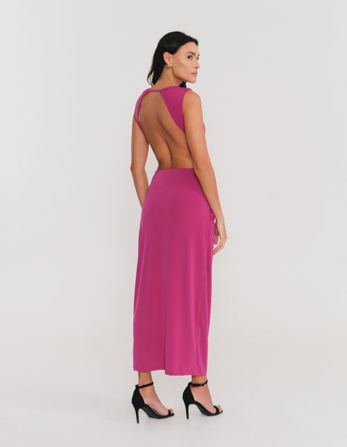 Vestido Midi Justo Malha Franzido Com Decote - Fucsia (Cromberry 7309)
