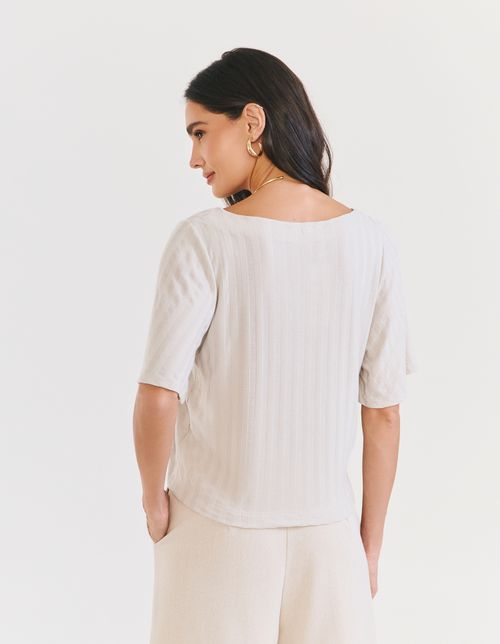 Blusa Ampla Decote v Malha Canelada - Areia
