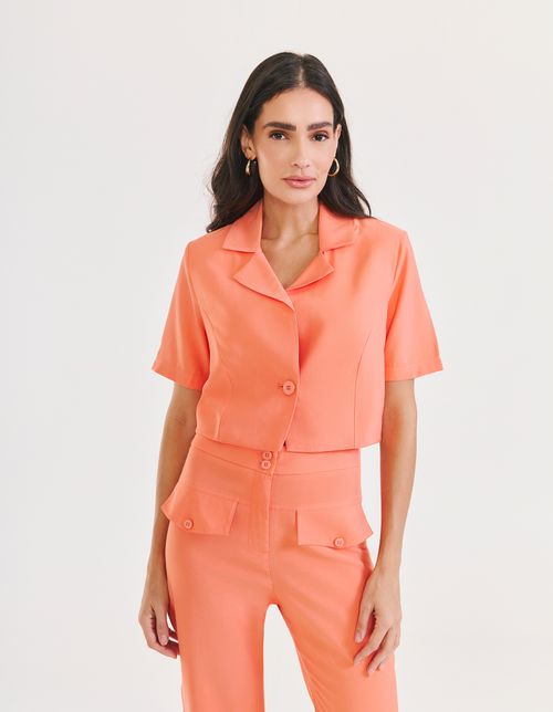 Blazer Cropped Manga Curta - Coral