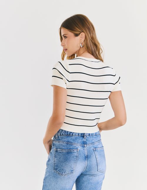 Blusa Tricot Modal - Creme C/ Preto