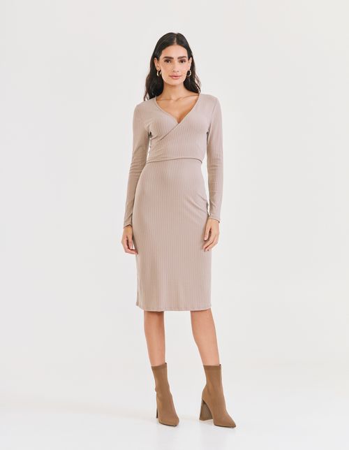 Vestido Midi Canelado Com Transpasse - Caqui