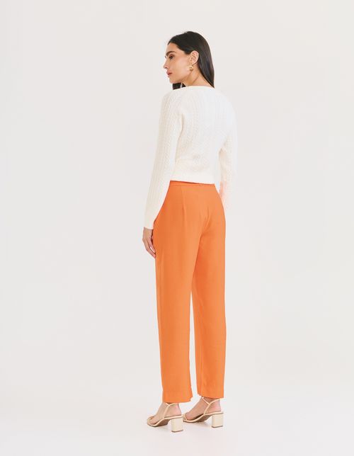 Calça Reta Com Detalhe No Cós - Coral