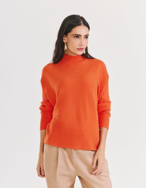Blusa Tricot Ampla Gola Alta - Laranja