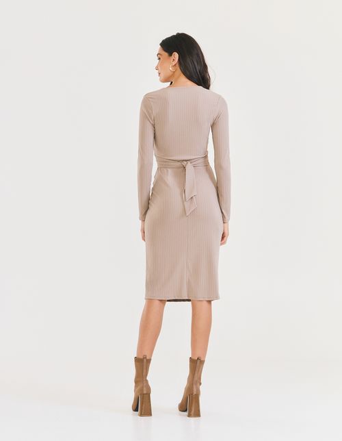 Vestido Midi Canelado Com Transpasse - Caqui
