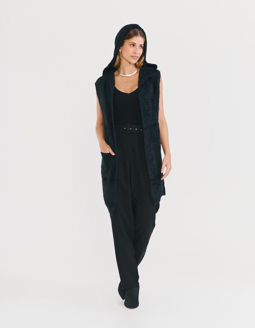 Colete Alongado Tricot Frente Pelinhos - Preto