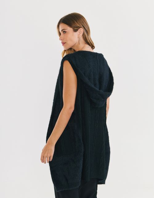 Colete Alongado Tricot Frente Pelinhos - Preto