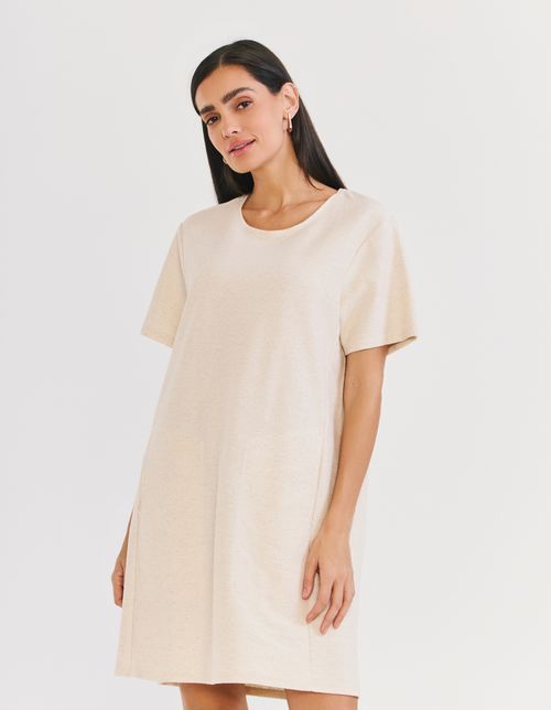 Vestido Curto Moletinho Bolsos - Areia