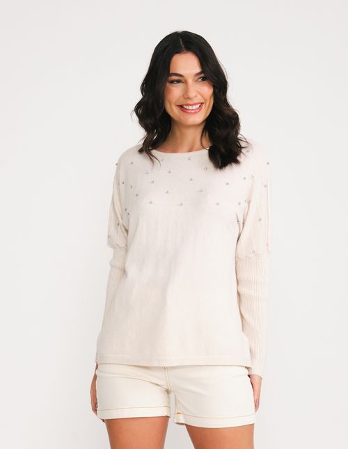 Blusa Tricot Bordado - Areia