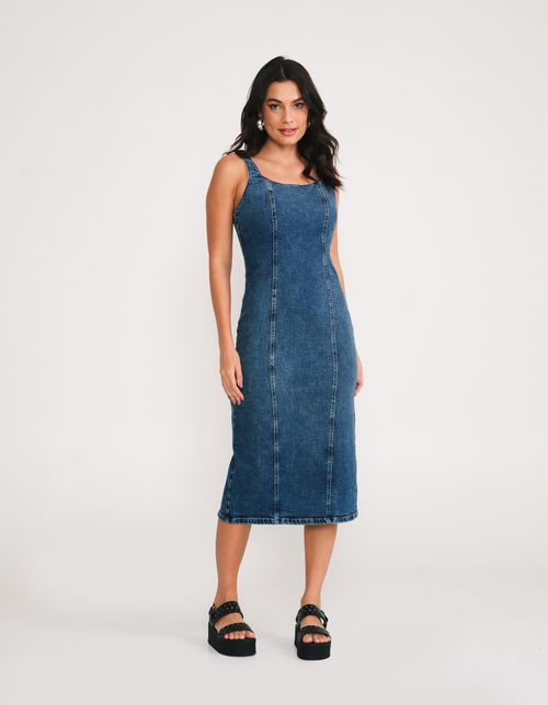 Vestido Midi Jeans Justo Lastex - Denim Medio