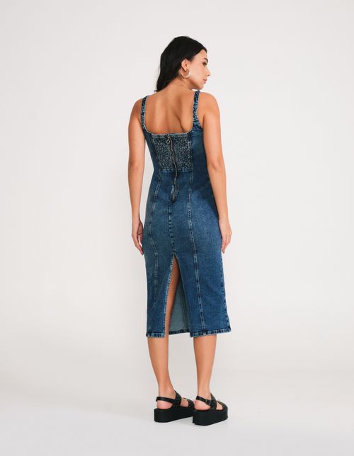 Vestido Midi Jeans Justo Lastex - Denim Medio