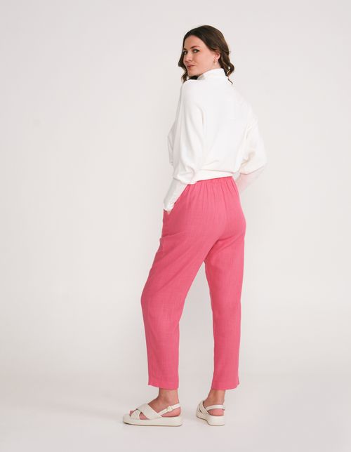 Calca Reta Linho Cos Elastico - Rosa