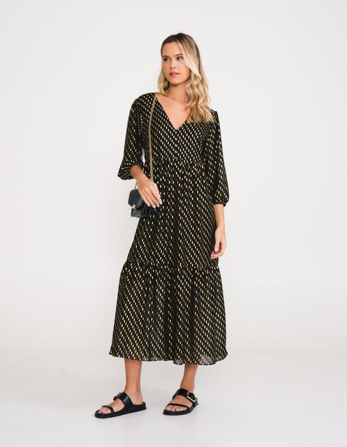 Vestido New Longo Brilho Babado - Preto