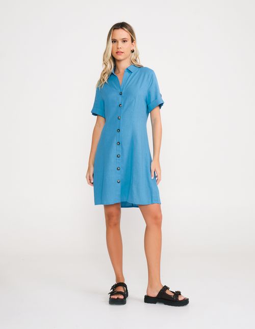 Vestido Curto Viscolinho Abotoamento - Azul